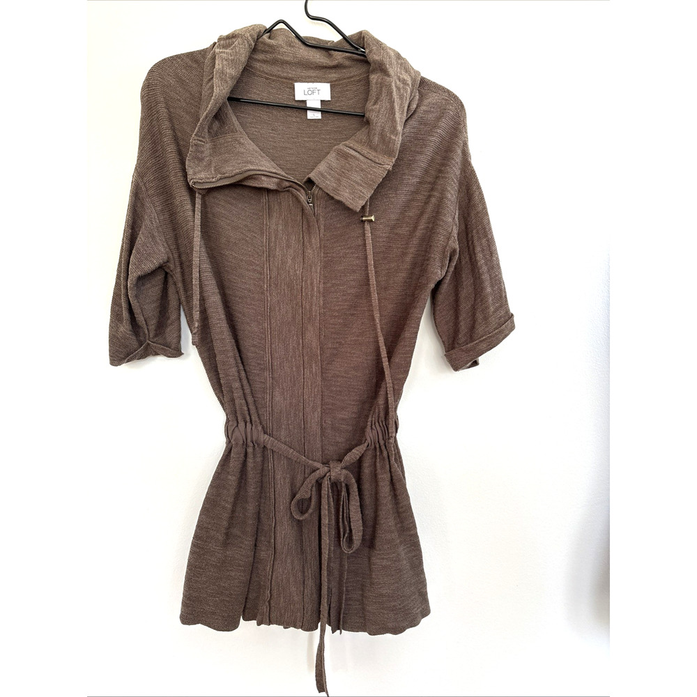 Ann Taylor LOFT Brown Zip Up Short Sleeve Cardigan‎ Sweater Drawstring Waist L